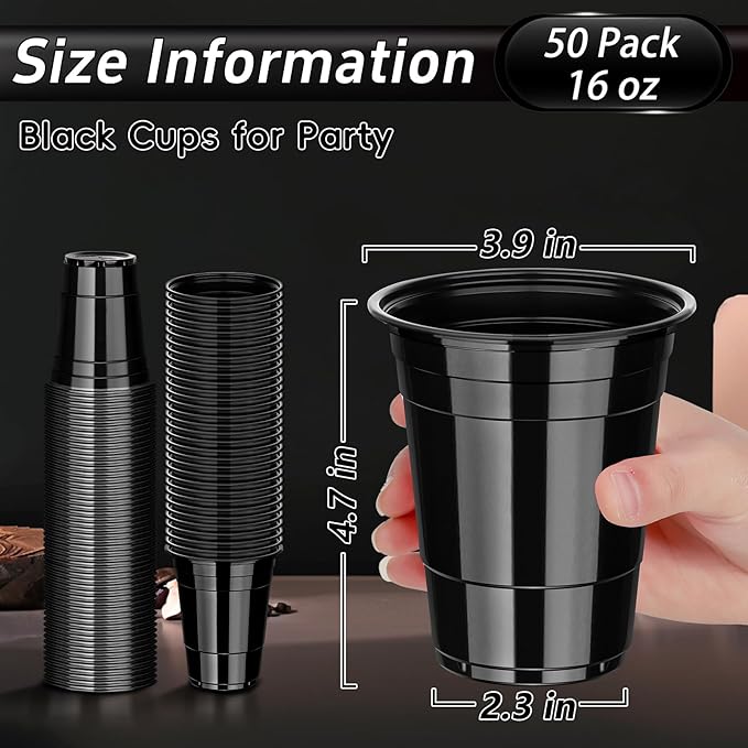 Dualshine 50 Pack Black Plastic Cups 16 oz, Disposable Cups for Party, Heavy Duty Drinking Cups, Graduation Cup for Wedding Birthday Beer Taste Serving Snack Sample Tastings Barbecues Picnic