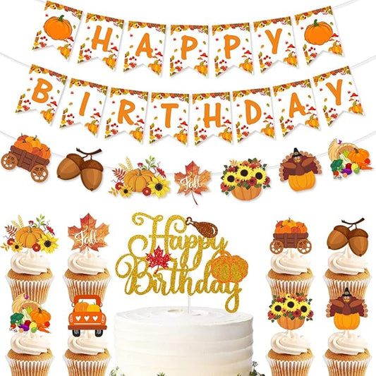 Autumn Birthday Party Decorations,Pumpkin Maple Sunflower Turkey Harvest Farm party supplies Favors,Fall Happy Birthday Banner,Thanksgiving Party Banner,Autumn Party Cake Topper