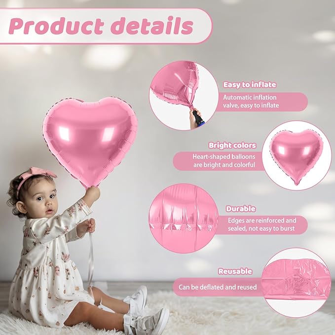 Rose Gold Pink Purple Heart Balloons, Heart Shaped Ballons, 20 Pcs 5/10/18 inch Pink Foil Love Balloons for Valentine's Day Wedding Engagement Bridal Showers Anniversary Celebrations
