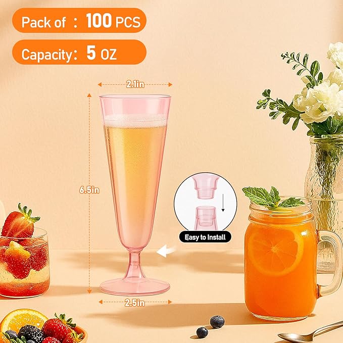 100 Pack Pink Clear Plastic Champagne Flutes, 5 Oz Disposable Champagne Glasses, Unbreakable Acrylic Mimosa Glasses Wedding Cocktail Cups for Engagement Birthday Graduation Party Decorations Supplies