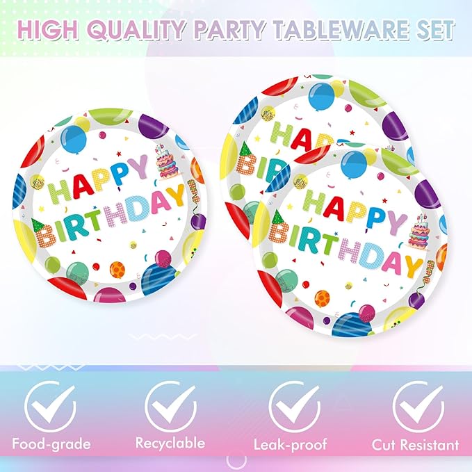 40PCS Happy Birthday Decorations Colorful Balloons Design Happy Birthday Party Supplies Set Disposable Paper Birthday Plates Napkins for Boys Girls Birthday Baby Shower Serves 20