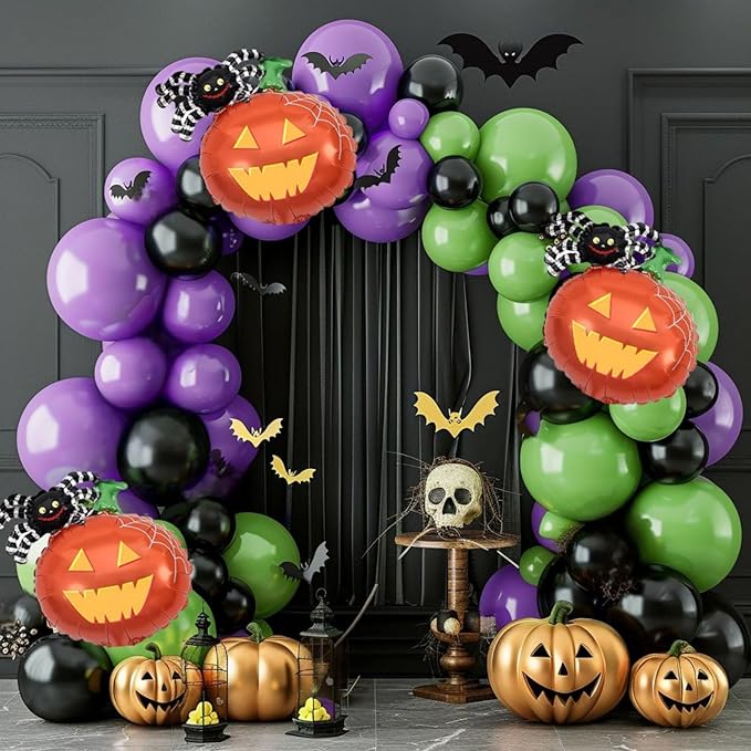 Halloween Balloon Garland Arch Kit, 160Pcs Green Purple Black Balloons with Soider Pumpkin Foil Balloons for Halloween Party Decorations