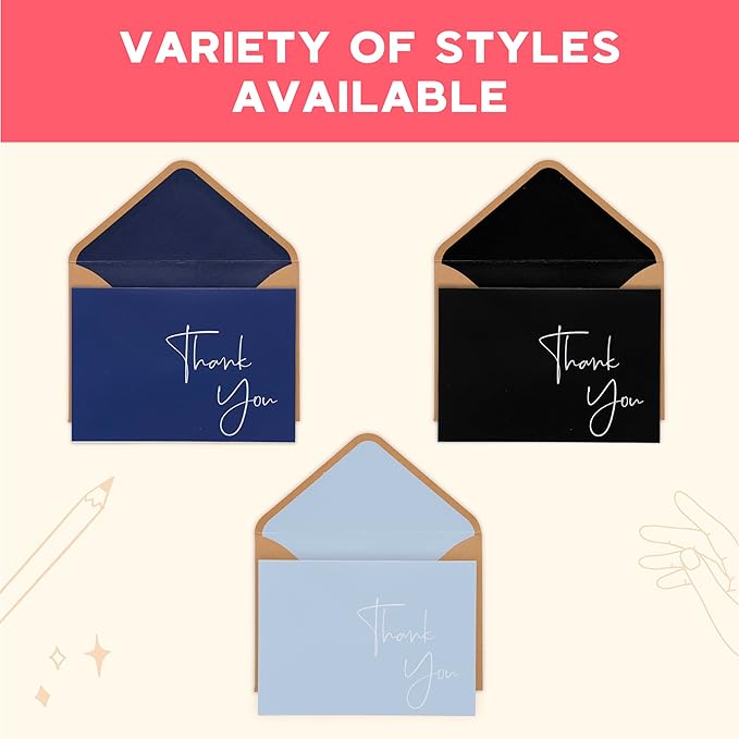 VNS Creations 20 Pack Thank You Cards With Envelopes, Stickers, 4x6 Inch Blank Thank You Notes - Bulk Box Set Large Notes for Graduation, Wedding, Small Business, Baby & Bridal Shower - Black