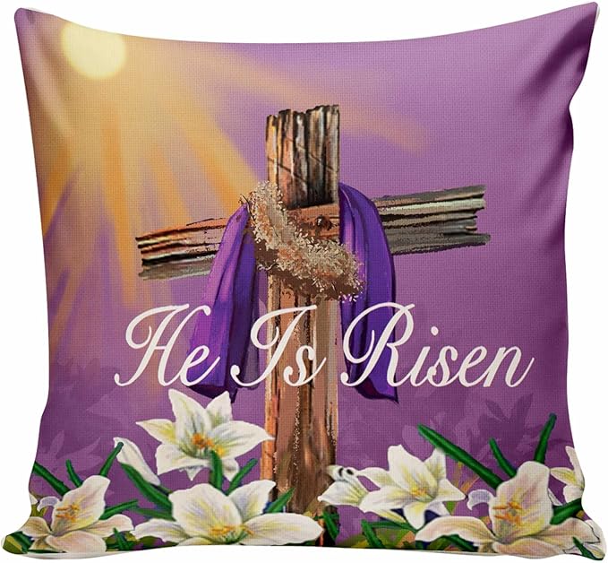 He is Risen Throw Pillow Cover Religious Easter Cross Jesus Lily Pillow Cover,Easter Spring Lily Pillow Covers Home Decorative Sofa Pillow Case 18x18 Inch