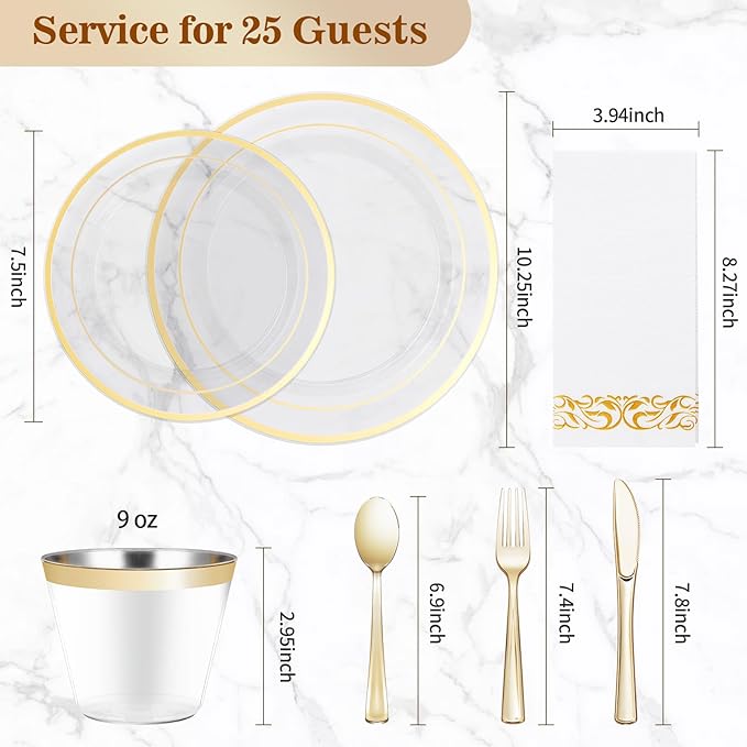 BESTVIP 175PCS Clear Gold Disposable Dinnerware Set for 25 Guests, Plastic Plates for Party, Wedding, Christmas, Halloween, Include: 50Plastic Plates, 25 Gold Silverware, 25 Cups, 25 Napkins