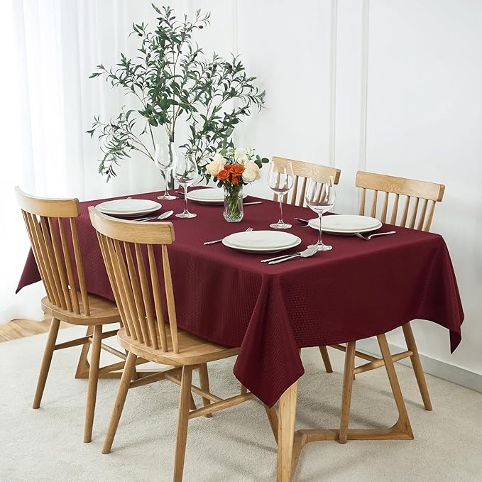 maxmill Tablecloth Weaved Texture Stain Resistant Waterproof, Wrinkle Resistant Washable Table Cloth, Fabric Table Cover for Dining Room, Indoor Outdoor Use, Rectangle 60 x 120 Inch, Burgundy