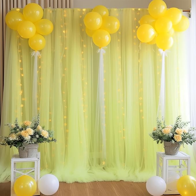 10ft x 10ft Yellow Backdrop Curtain with Lights String for Parties, Sheer Tulle Wedding Photo Backdrops Drapes for Baby Shower Birthday Party Decorations Background for Photography