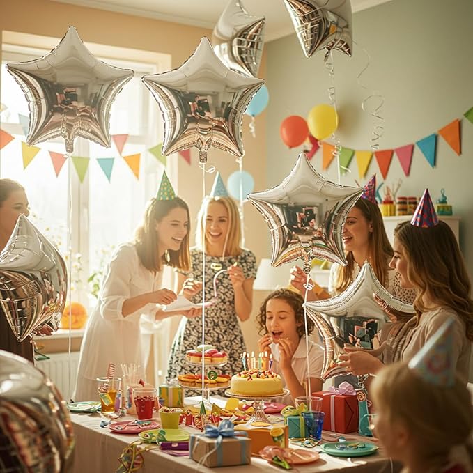 TONIFUL 15Pcs 18 Inch Large Silver Star Shape Foil Balloons Big Silver Stars Helium Mylar Ballons for Birthday Wedding Baby Shower Anniversary Engagement Party Decorations Supplies