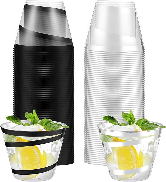Gejoy 9 oz Rimmed Swirl Plastic Cups Disposable Wine Drinking Cups Clear Elegant Halloween Tumblers for Christmas Party Supplies(Silver, Black,100 Pcs)