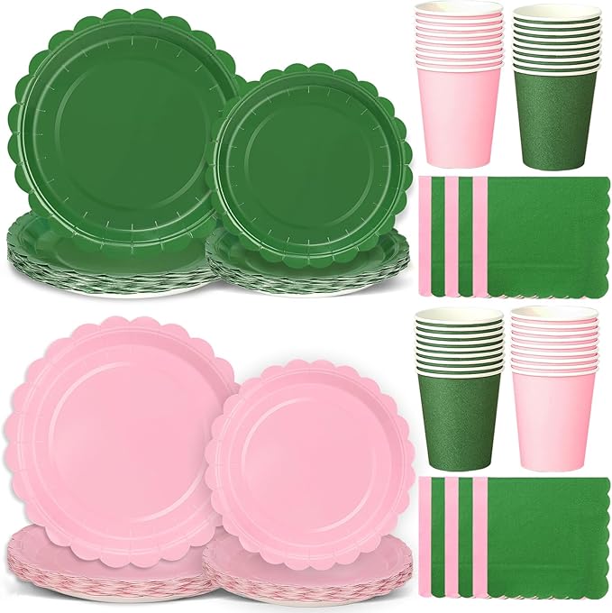 260 Pcs Green And Pink Party Supplies - For 52 Guests Paper Plates And Napkins/Cups - Disposable Small Scalloped Dinner Party Set Cutlery - For Bbq Baby Shower Bridal Shower Wedding