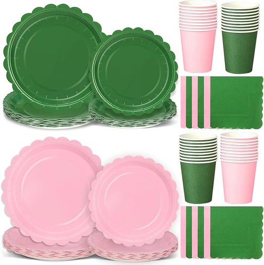 260 Pcs Green And Pink Party Supplies - For 52 Guests Paper Plates And Napkins/Cups - Disposable Small Scalloped Dinner Party Set Cutlery - For Bbq Baby Shower Bridal Shower Wedding