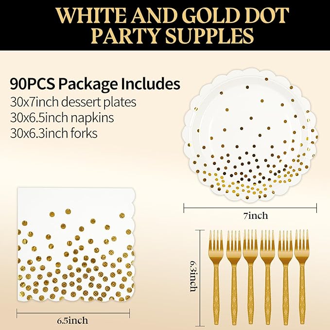 90PCS White and Gold Paper Plates Napkins Party Supplies,7Inch Scalloped Gold Dot Paper Dessert Plates and Napkins Set Disposable Birthday Cake Plate Tableware Party Supplies for Wedding