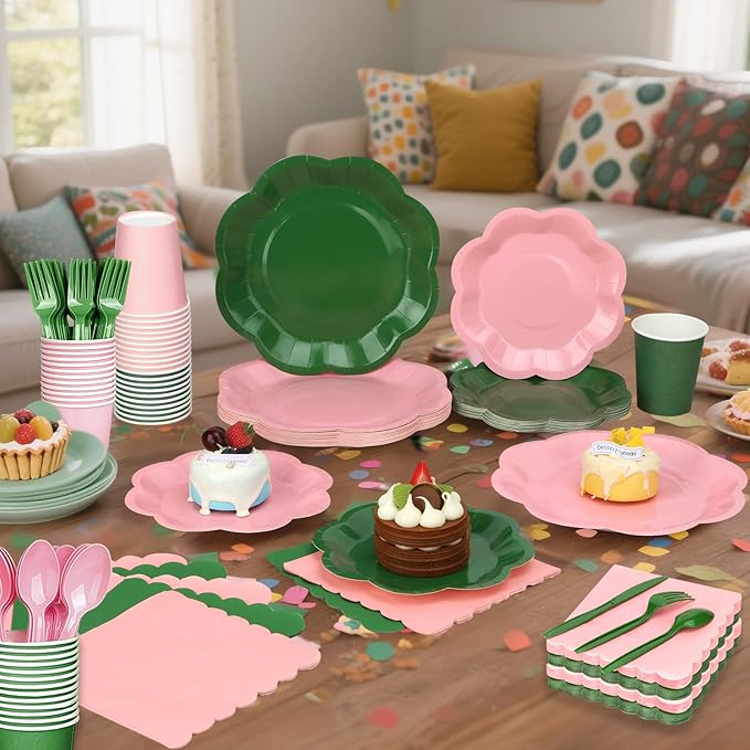 416 Pcs Pink And Green Party Supplies - For 52 Guests Paper Plates And Napkins Knives Spoons Forks Cups - Disposable Big Scalloped Dinner Party Set Cutlery - For Baby Shower Bridal Shower Wedding