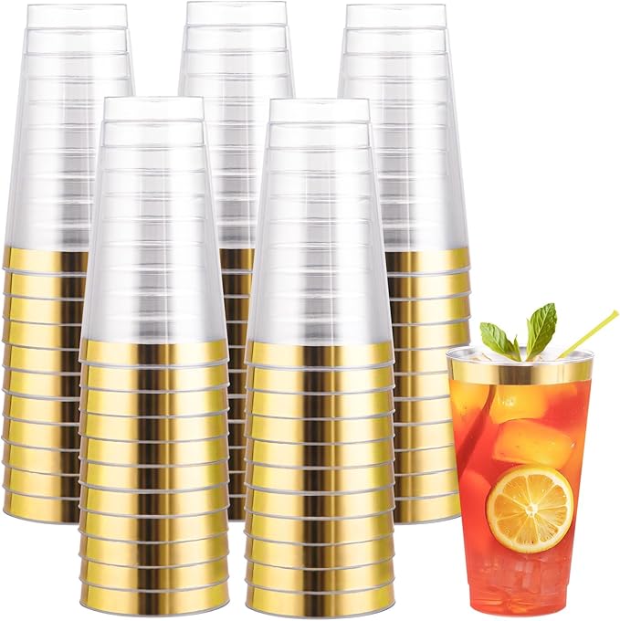 I00000 16 oz Gold Plastic Cups, 50 Pack Clear Plastic Cups Tumblers Gold Rimmed Disposable Cup, Heavy-duty Disposable Cup Perfect for Halloween, Thanksgiving and Christmas Parties