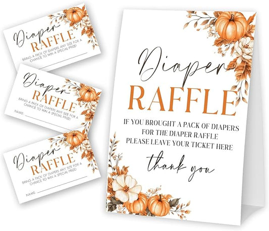 Autumn Pumpkin Diaper Raffle Tickets and Sign, Thanksgiving Baby Shower Card Set (1 Sign and 50 Cards), Fall Gender Reveal Party Favor Supplies -A04