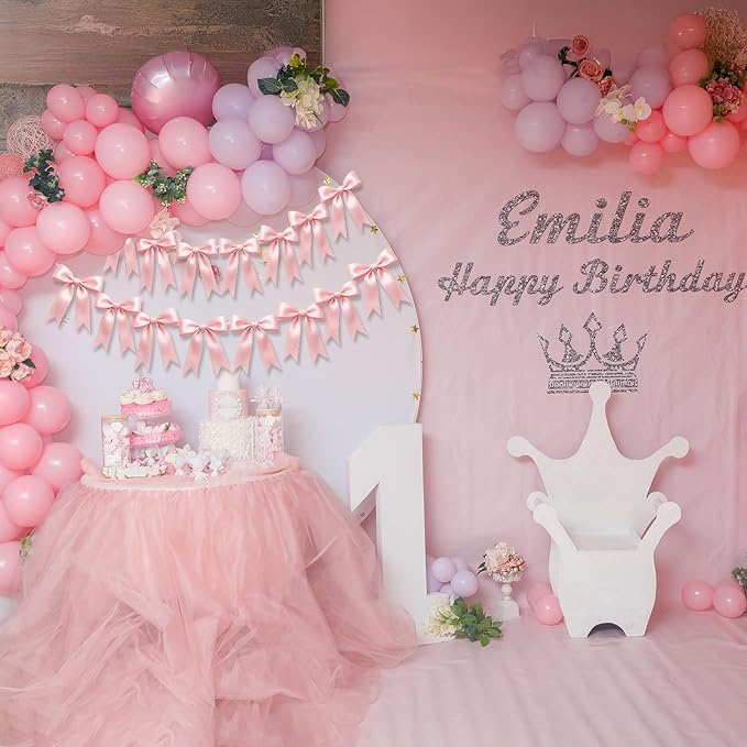 1 String of 8PCS Pink Bow Garland Banner Decoration,Pre-Strung Satin Ribbon Ornaments for Birthday,Bachelorette Party,Bridal Shower,Wedding,Engagement,Baby Shower,Graduation Decor,Anniversary