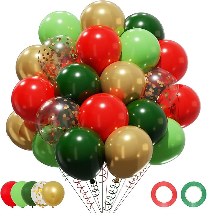 Patimate Red Green Christmas Balloons Set, 50 pcs 12 inch Metallic Gold Lime Forest Green Red Gold Confetti Latex Balloons Kit for Christmas Grinch Birthday Baby Shower Party Decorations