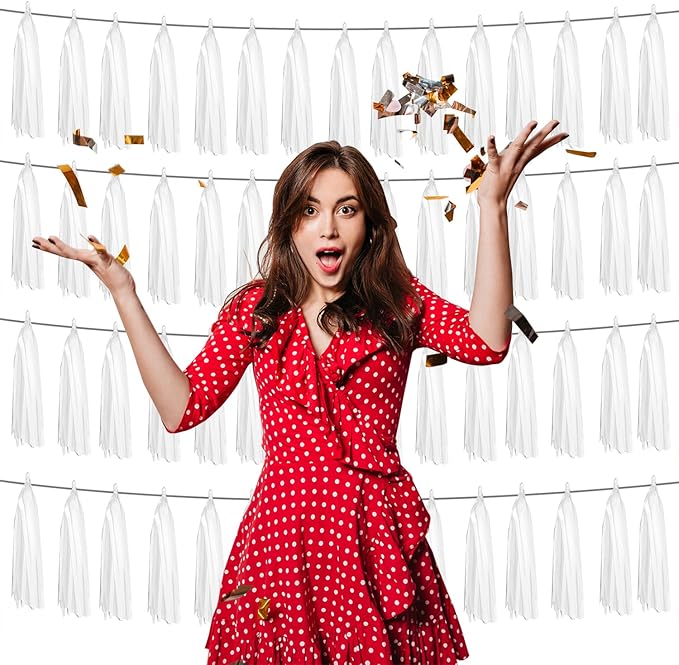 4P White Foil Fringe Metallic Tassel Streamers Banner Tassel Garland for Parade Floats, Graduation, Wedding, Birthday, Halloween, Christmas, Bridal/Baby Shower Party Decorations