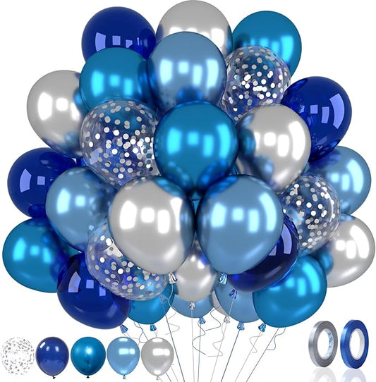 Patimate Blue Silver Balloons Set, 50 pcs 12 inch Metallic Navy Royal Blue Silver Confetti Latex Balloons Kit for Boy Men Birthday Retirement Baby Shower Graduation Party Decorations