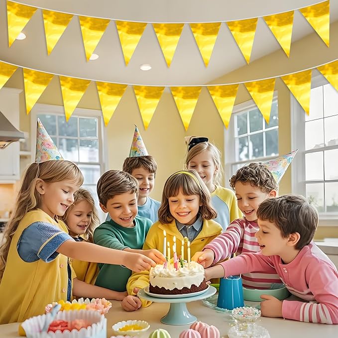 65FT Gold Glitter Triangle Pennant Banner Flag Metallic Bunting Fabric Garland for Christmas Graduation Wedding Engagement Anniversary Bachelorette Birthday Bridal Shower Valentine's Party Supplies