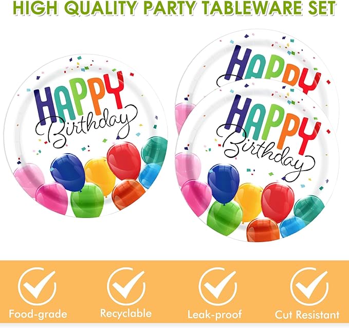 Happy Birthday Decorations Birthday Party Supplies Set with Birthday Balloon Confetti Design Includes Birthday Plates and Napkins Disposable Paper Tableware Set for Boys/Girls Party Supplies