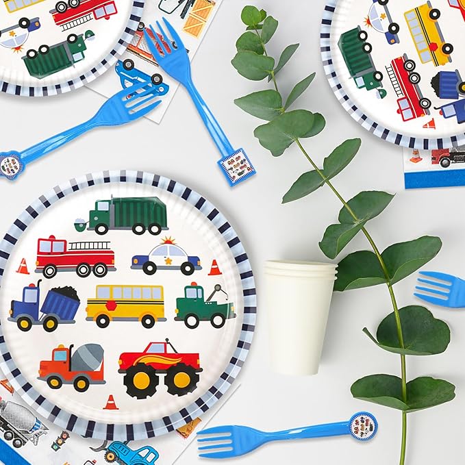 96Pcs Tansportation Party Supplies Traffic Cars Trucks Theme Tableware Set Plates Napkins Forks Serves 24 Guests Transport Vehicle Baby Shower Birthday Party Decorations