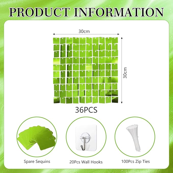 36 PCS Green Shimmer Wall Backdrop, Square Sequin Photo Backdrops Panel, Glitter Wall Background for Birthdays, Weddings, Halloween, Engagements, Disco Bachelorette Party Decoration (6FTx6FT)