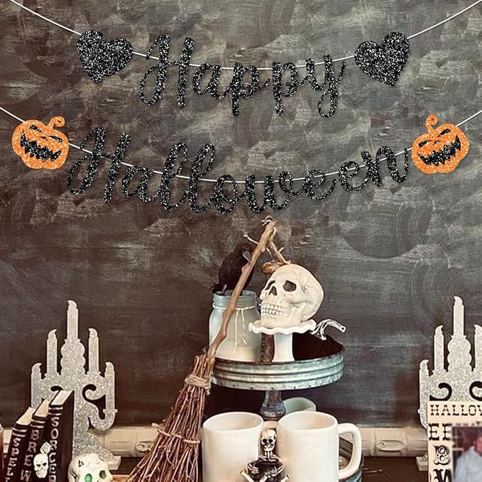 Pre-Strung Black Glitter Halloween Decorations Banner for Haunted House with Pumpkin Decorations Happy Halloween Mantle Home Party Decor Indoor Outdoor NO DIY