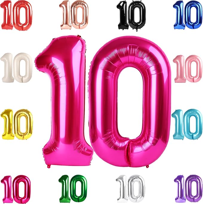10 Balloon Number, Hot Pink Number 10th Birthday Balloons 40 Inch, 10 Years Old Hot Pink Birthday Decorations for Boys Girls, 10th Anniversary Decorations