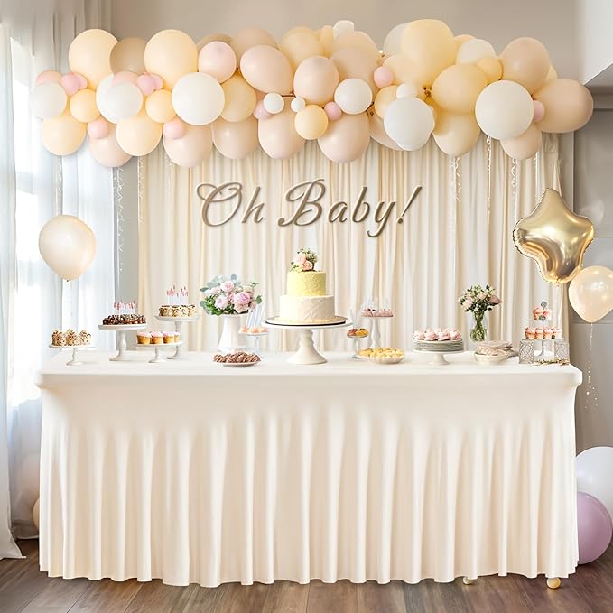 1 Pack Ivory Table Clothes for 8 Foot Rectangle Tables, One-Piece Wrinkle Resistant Stretch Spandex Table Covers with Skirt for Event Banquet Wedding Birthday Party