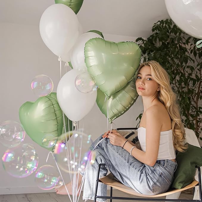 Sage Green White Heart Balloons,10Pcs Sand White Foil Heart Shaped Balloons,18Inch Olive Green Helium Balloon for Valentines,Engagement,Birthday,Baby Shower,Wedding Party Decorations