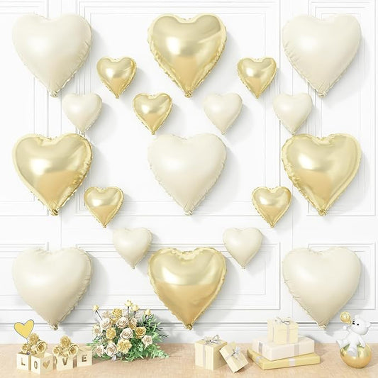 Champagne Gold Cream Heart Balloons, 19PCS Light Gold Heart Shape Balloons, 18Inch with 10Inch Beige Foil Heart Balloon for Birthday Marriage Wedding Bridal Party Anniversary Decoration