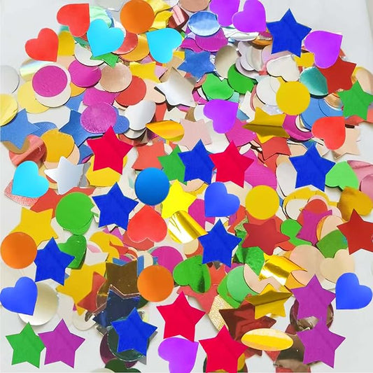 Rainbow Foil Confetti 15000Pcs, containing a mixture of three shapes: circular, heart-shaped,and star shaped Table Confetti for Fill Balloon Wedding Graduation Party Decorations,100g of pack