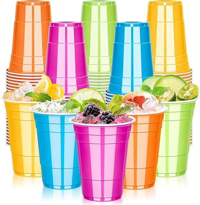 KesaPlan 100PCS 16 oz Hawaii Laua Cups, Colorful Plastic Cups in Orange, Hot Pink, Blue, Lime and Yellow, Disposable Drinking Cup for Tropical Luau Hawaiian Moana Birthday Party Decorations Supplies