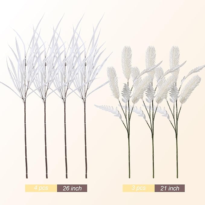 7 PCS Christmas Stems for Vases, 26 in Faux Stems Fake Plants Winter Stem Greenery Branches Fake Leaves Faux Foliage for DIY Craft Garland Home Kitchen Office Indoor Centerpiece Table Decor, White
