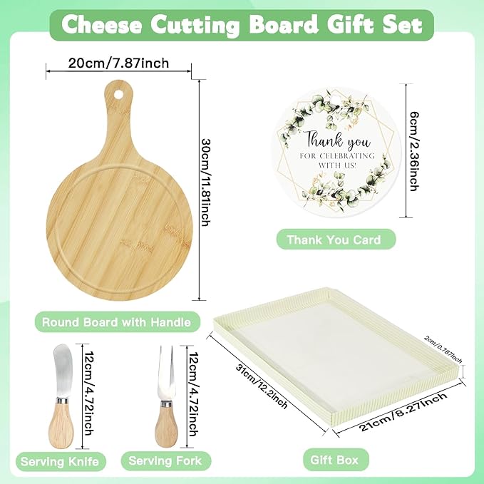 24 Set Bridal Shower Party Favors Round Wooden Cheese Board Gift Set with Box Knife Fork and Thank You Tag, Bamboo Charcuterie Board for Guests Wedding Bridal Baby Shower Housewarming Party Gifts
