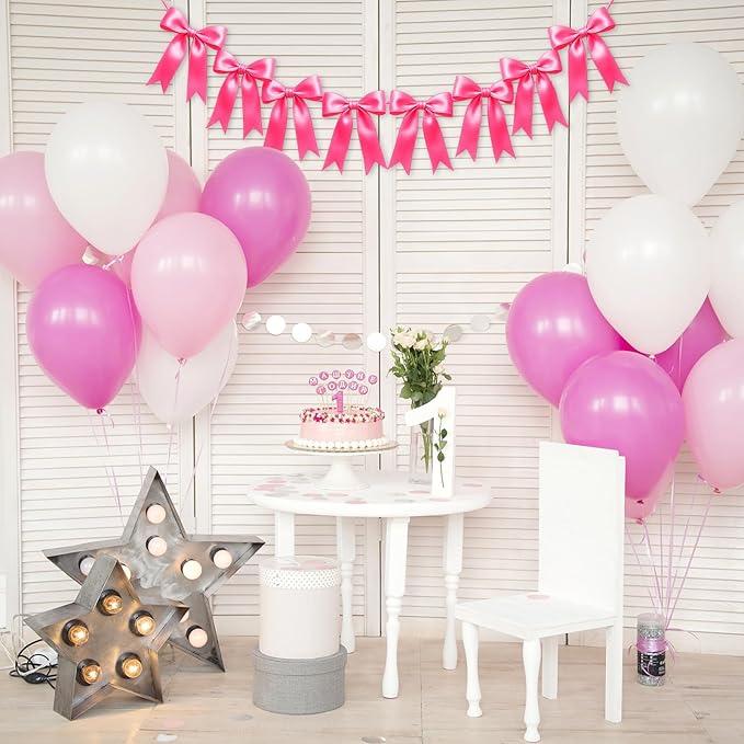 1 String of 8PCS Hot Pink Bow Garland Banner Decoration,Pre-Strung Satin Ribbon Ornaments for Birthday,Bachelorette Party,Bridal Shower,Wedding,Engagement,Baby Shower,Graduation Decor,Anniversary