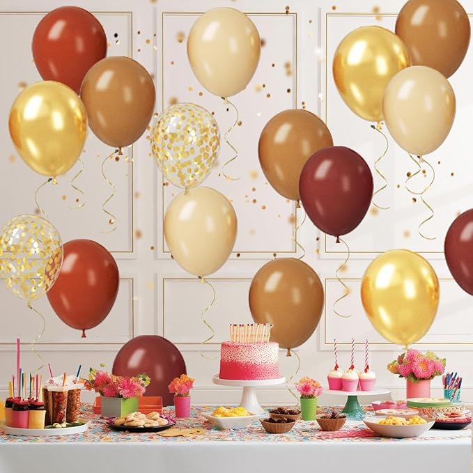 Paready Brown and Gold Balloon Set, 50Pcs 12 Inch Tan Apricot Sand White Metallic Confetti for Bridal Shower Baby Shower Fall Birthday Party Decorations