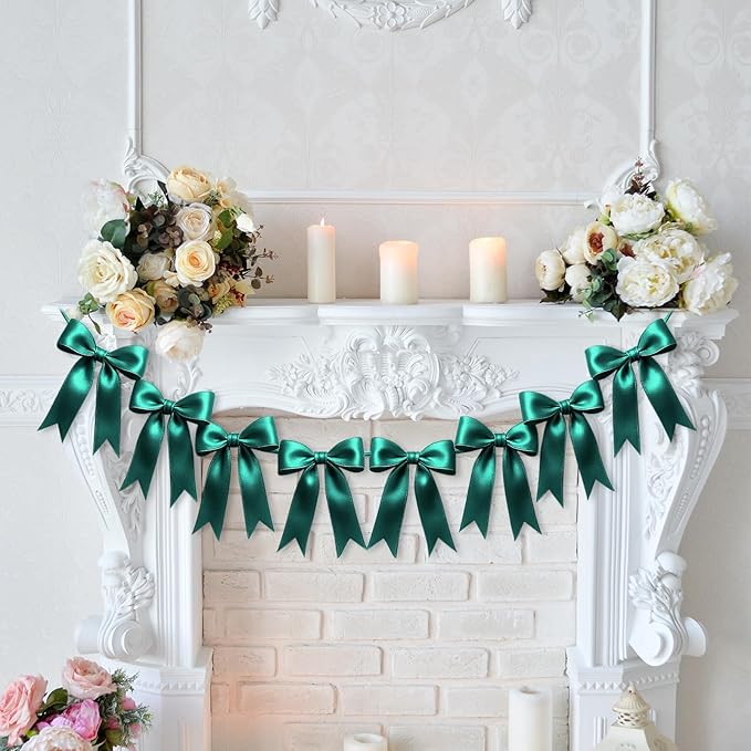 1 String of 8PCS Dark Green Bow Garland Banner Decoration,Pre-Strung Satin Ribbon Ornaments for Birthday,Bachelorette Party,Bridal Shower,Wedding,Engagement,Baby Shower,Graduation Decor,Anniversary