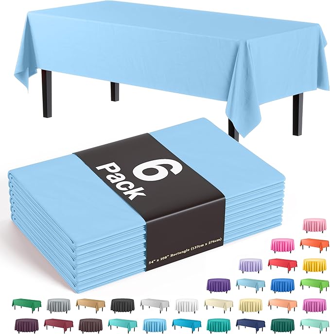 Party Solids 6-Pack Premium Plastic Tablecloth 54in. x 108in. Rectangle Plastic Table Cover - Light Blue