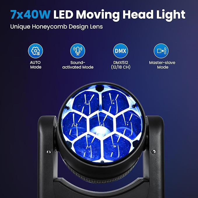 Big Dipper 7x40W LED Moving Head Light, 4-in-1 Bee Eye RGBW DJ Light for Party, Stage Lighting with Sound Activated/Auto/DMX512 Control, Stage Spotlight Uplight for Events Church Wedding(2)