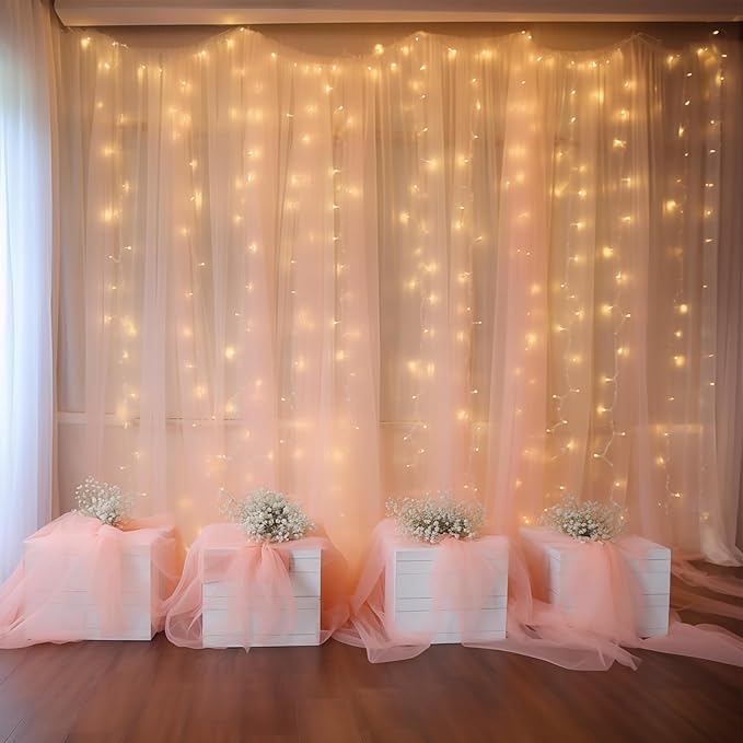 10ft x 8ft Peach Backdrop Curtain with Lights String for Parties, Sheer Tulle Wedding Photo Backdrops Drapes for Baby Shower Birthday Party Decorations Background for Photography