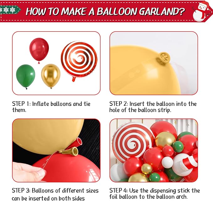 FunHot Christmas Balloons Arch Kit, Xmas Red Green Balloons Garland Kit, White Metallic Gold Latex Balloons Green Red Candy Cane Lollipop Foil Balloon for New Year Holiday Christmas Party Decorations