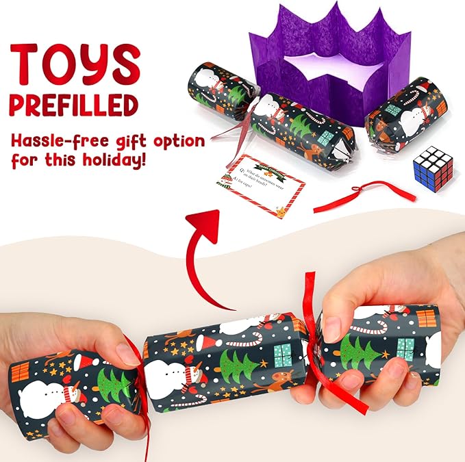 12 Pack Christmas No-Snap Party Table Favors, Christmas Themed Holiday Supplies with Party Hat, Joke & Little Gift Inside for Kids and Adults, Xmas Gift, Holiday Party Supplies for Dinner Tables