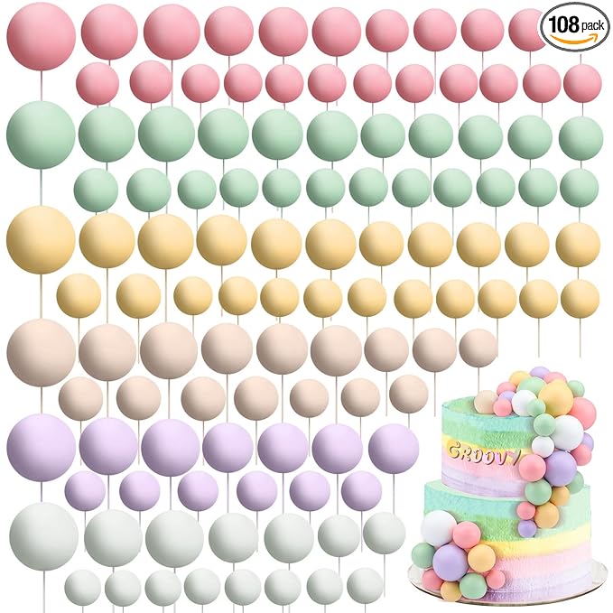 108 Pcs Balls Cake Topper DIY Cupcake Insert Foam Balloons for Cake Baking Wedding Anniversary Birthday Decoration(Vivid Colors,Multi Sizes)