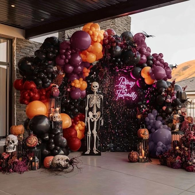 Halloween Balloon Arch Double Stuffed Black Purple Orange Balloons Burgundy Red Dark Mauve Plum Balloon Garland for Birthday Festival Baby Shower Indoor Outdoor Halloween Party Decorations
