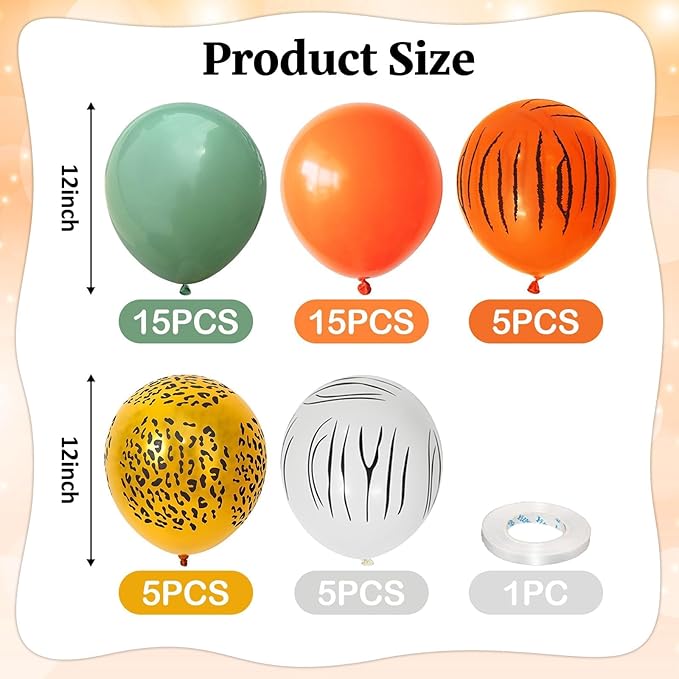 Safari Balloons, Jungle Animal Print Balloons 12 Inch, Tiger Leopard Zebra Print Jungle Safari Theme Olive Green Orange Balloon for Birthday Zoo Forest Animal Wild One Party Decorations Supplies