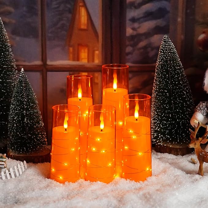 Flameless LED Candles with Timer 5 Pc Flickering Flameless Candles for Romantic Ambiance and Home Decoration Stable Acrylic Shell,with Embedded Star String，Battery Operated Candles（Orange）