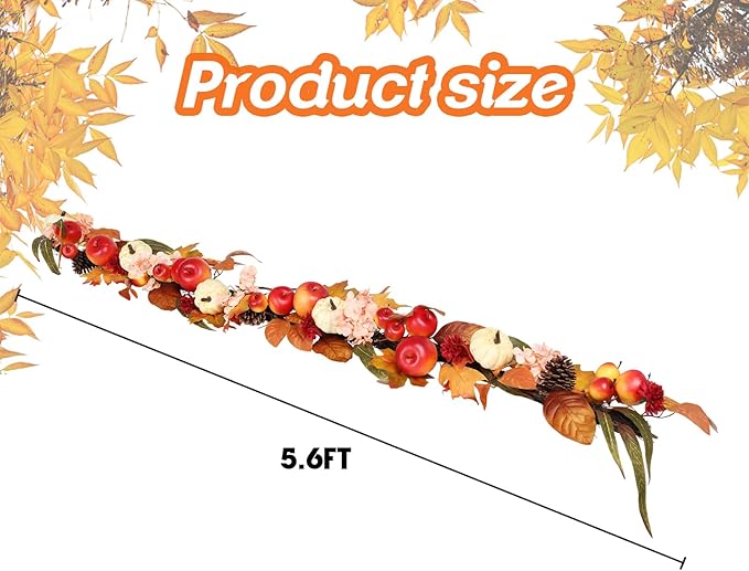 Fall Garland with Pumpkins, Artificial Maple Leaves, Pinecones, Apples & Flowers – 5.6ft Autumn Harvest Garland for Fireplace Mantel, Doorway, Table, Thanksgiving Decor (1 Pack)