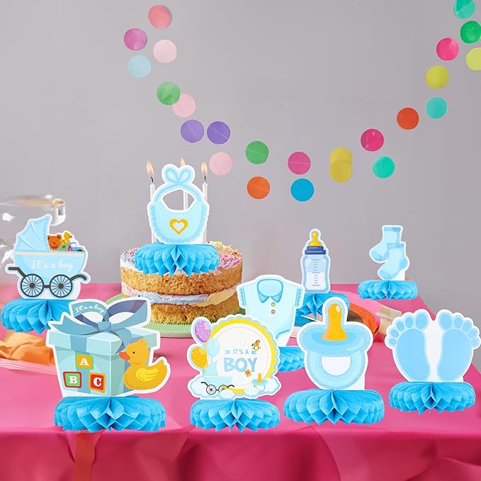 Gyufise 9Pcs Baby Shower Decorations Honeycomb Table Centerpieces Pacifier Welcome Baby Boy Table Toppers It's a Boy Honeycomb Centerpiece Decro for Gender Reveal Baby Shower Boys Birthday Party Blue